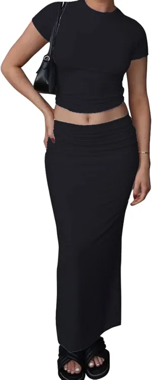 NUFIWI Women Y2k 2 Piece Outfits Set Short Sleeve Crew Neck Shirt Top Solid Bodycon Long Maxi Skirt Set
