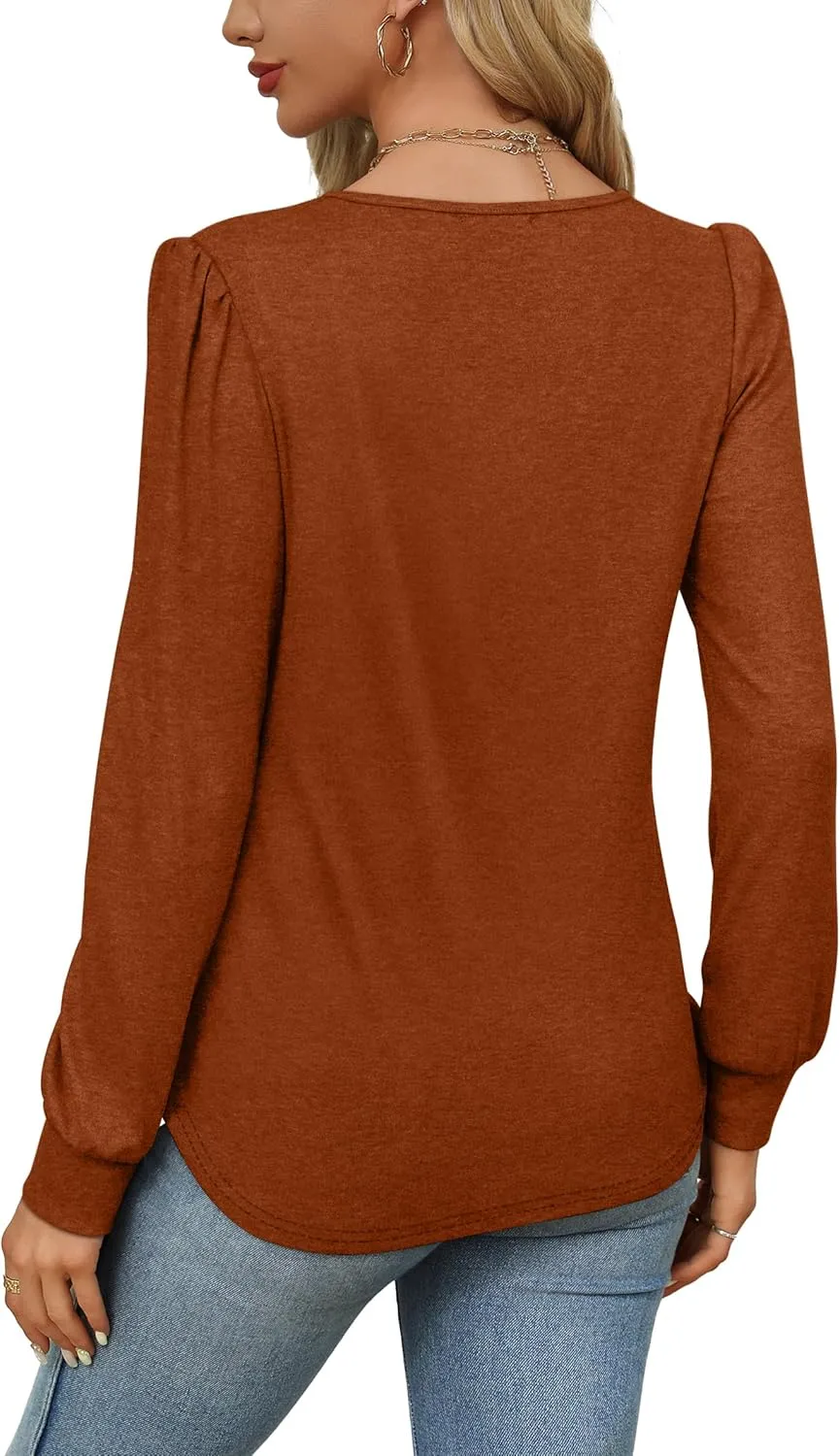 OFEEFAN Long Sleeve Shirts for Women Fall Tops Dressy Casual Blouses Pleated Scooped Neck Tunic Tops for Leggings