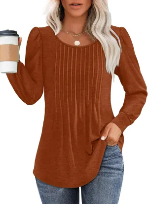OFEEFAN Long Sleeve Shirts for Women Fall Tops Dressy Casual Blouses Pleated Scooped Neck Tunic Tops for Leggings