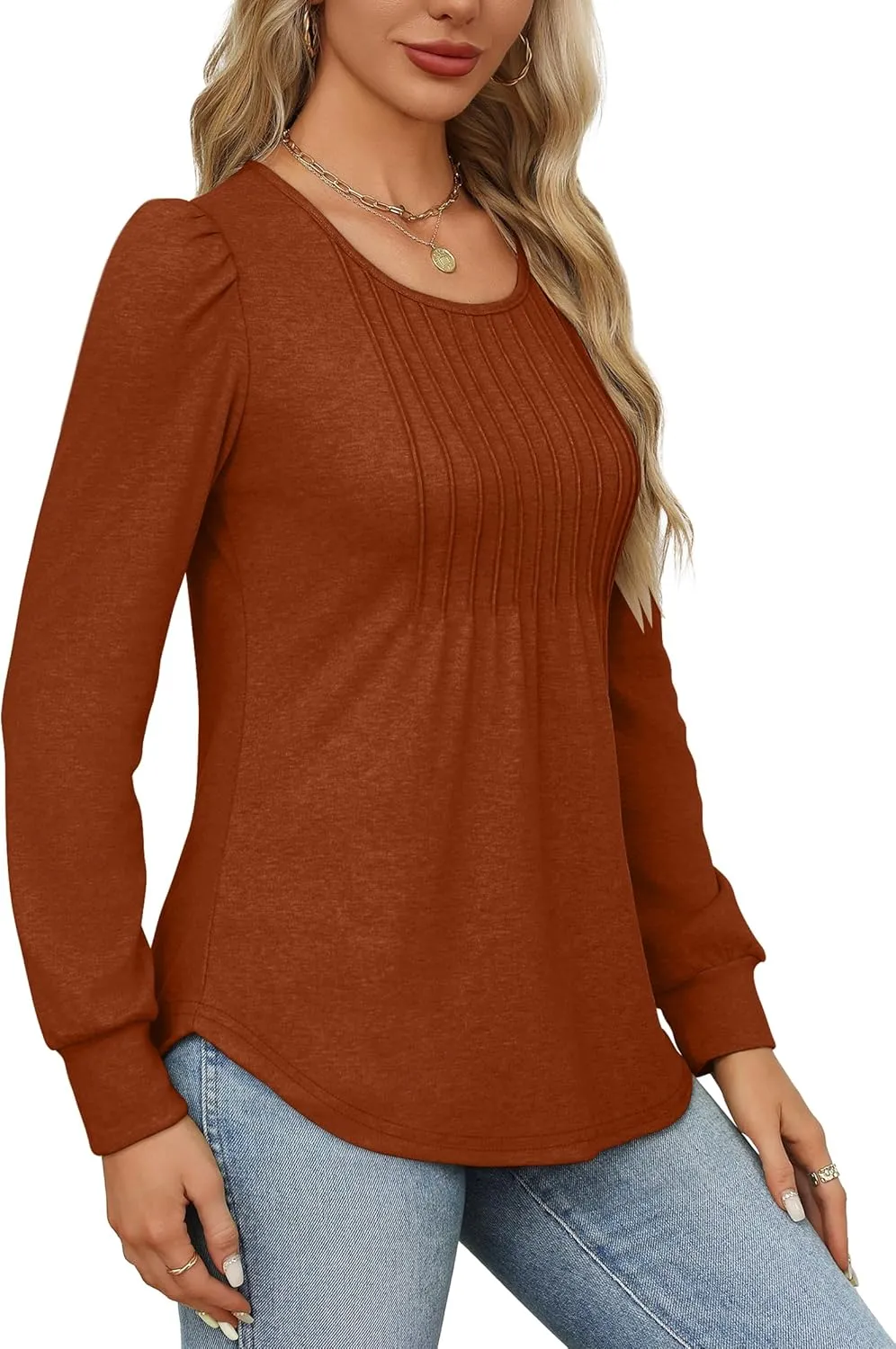 OFEEFAN Long Sleeve Shirts for Women Fall Tops Dressy Casual Blouses Pleated Scooped Neck Tunic Tops for Leggings