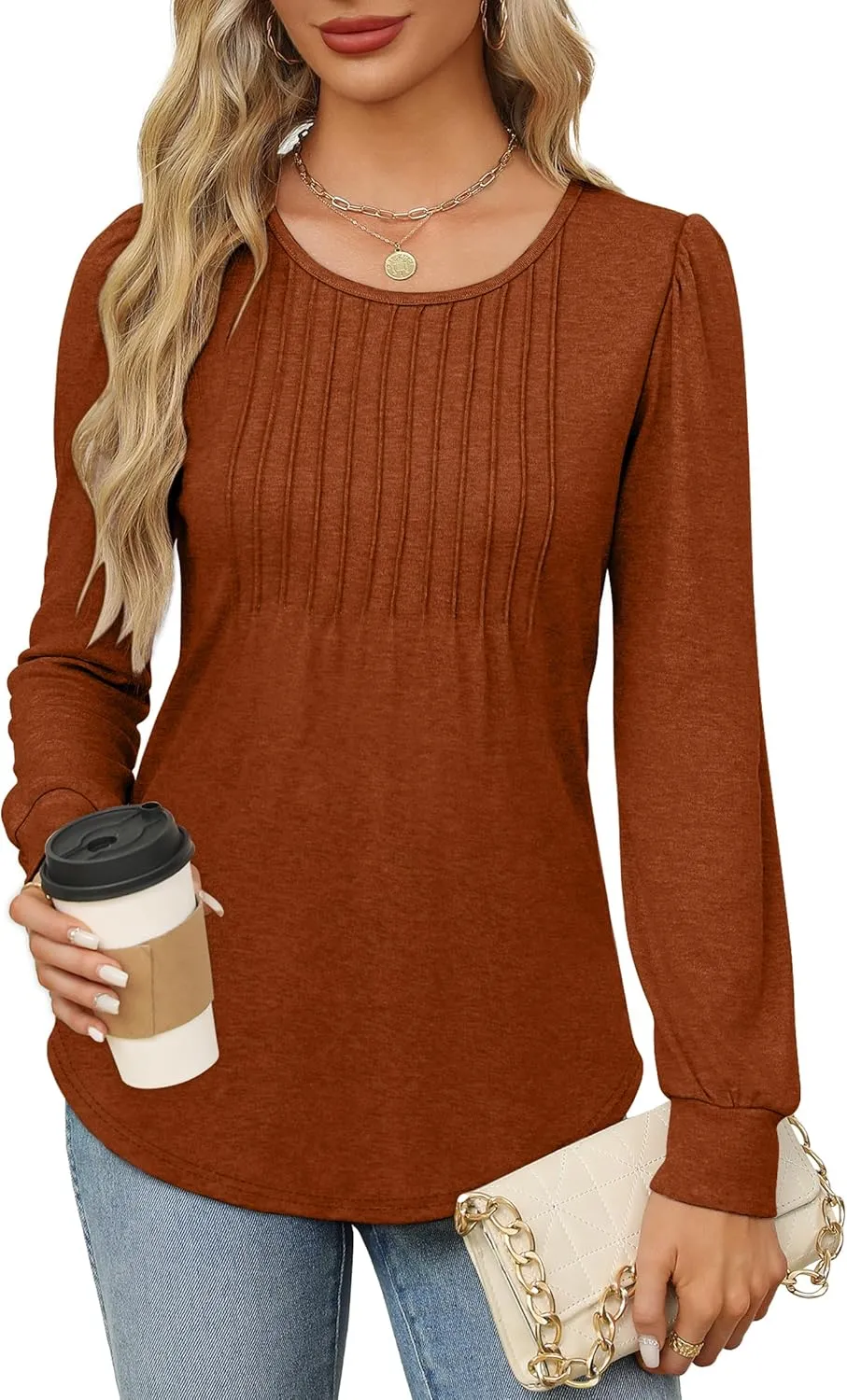 OFEEFAN Long Sleeve Shirts for Women Fall Tops Dressy Casual Blouses Pleated Scooped Neck Tunic Tops for Leggings