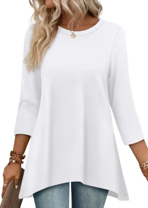 OFEEFAN Tunic Tops for Women Loose Fit Dressy 3/4 Length Sleeve Womens Tops with Asymmetrical Hem S-4XL