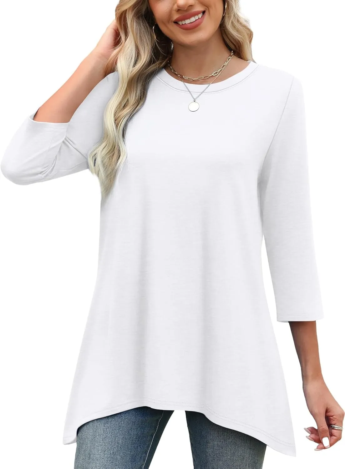 OFEEFAN Tunic Tops for Women Loose Fit Dressy 3/4 Length Sleeve Womens Tops with Asymmetrical Hem S-4XL
