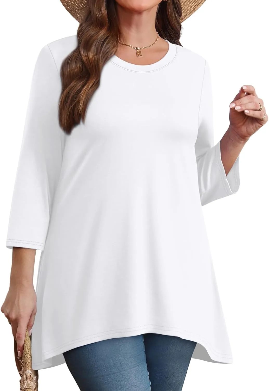 OFEEFAN Tunic Tops for Women Loose Fit Dressy 3/4 Length Sleeve Womens Tops with Asymmetrical Hem S-4XL