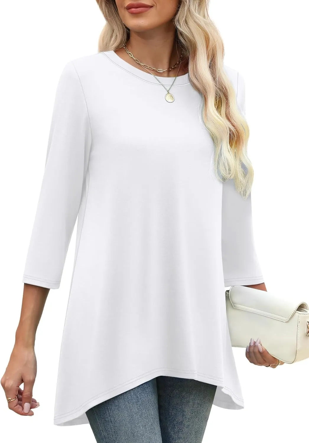 OFEEFAN Tunic Tops for Women Loose Fit Dressy 3/4 Length Sleeve Womens Tops with Asymmetrical Hem S-4XL