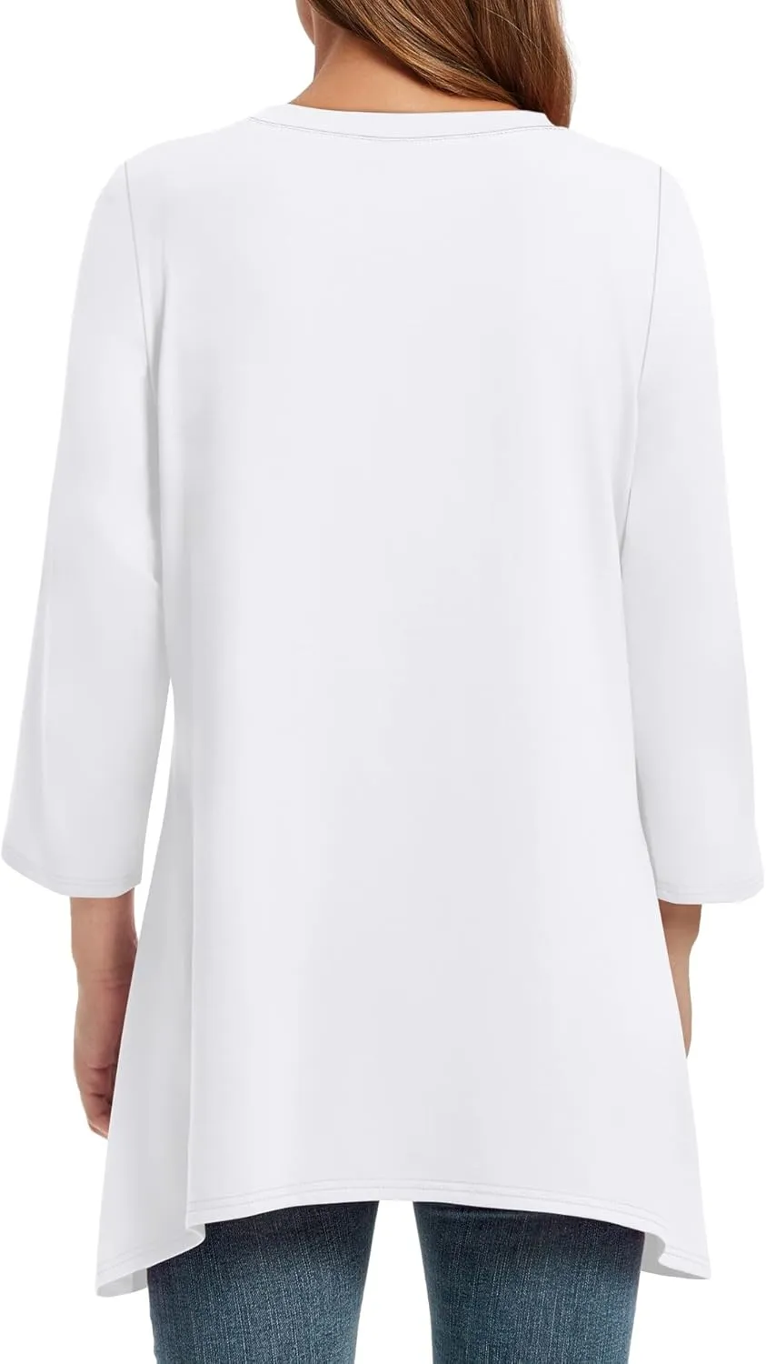OFEEFAN Tunic Tops for Women Loose Fit Dressy 3/4 Length Sleeve Womens Tops with Asymmetrical Hem S-4XL