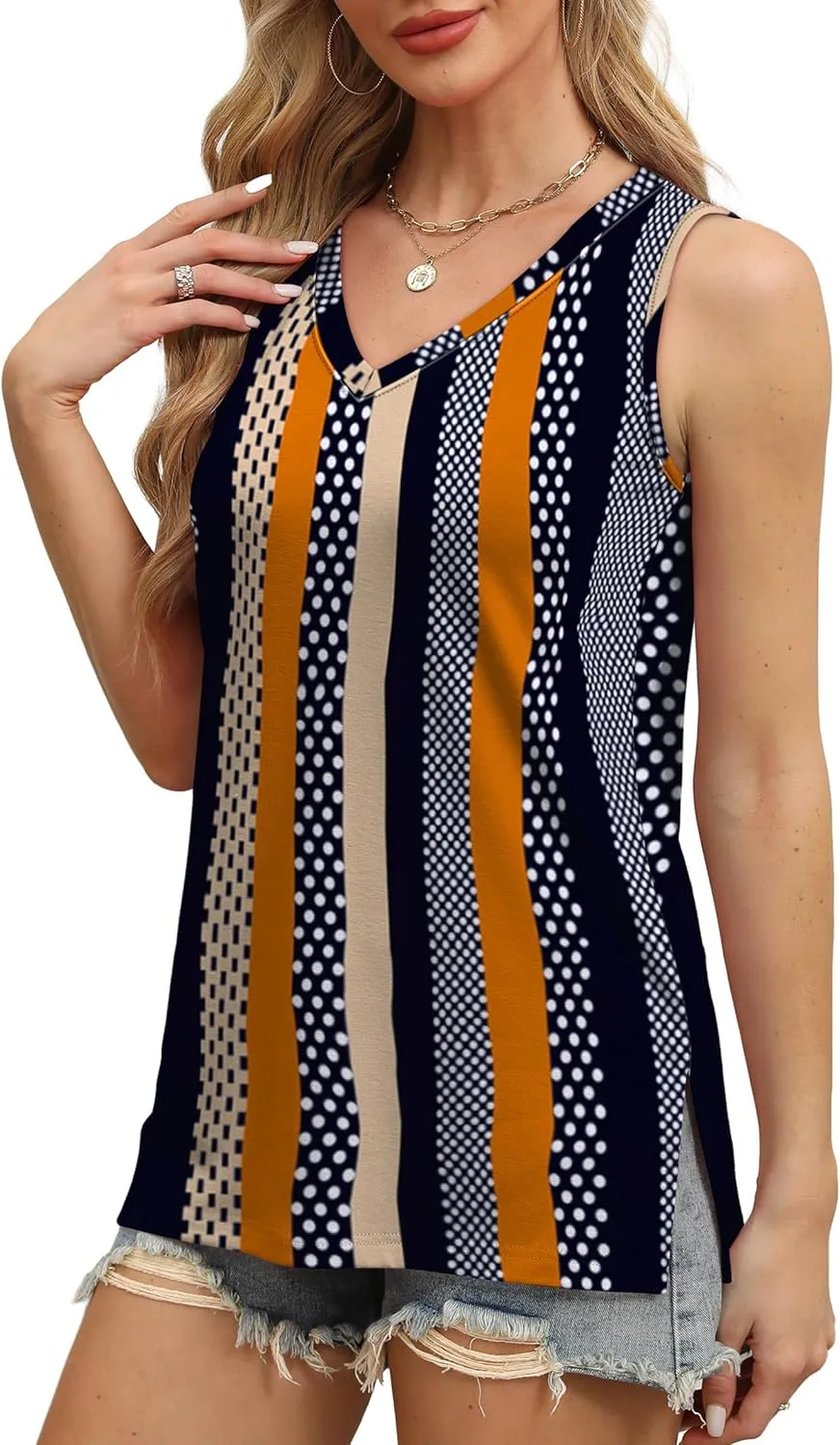 OFEEFAN Womens Tank Tops V Neck Loose Fit Basic Casual Summer Tops Side Split Sleeveless Shirts