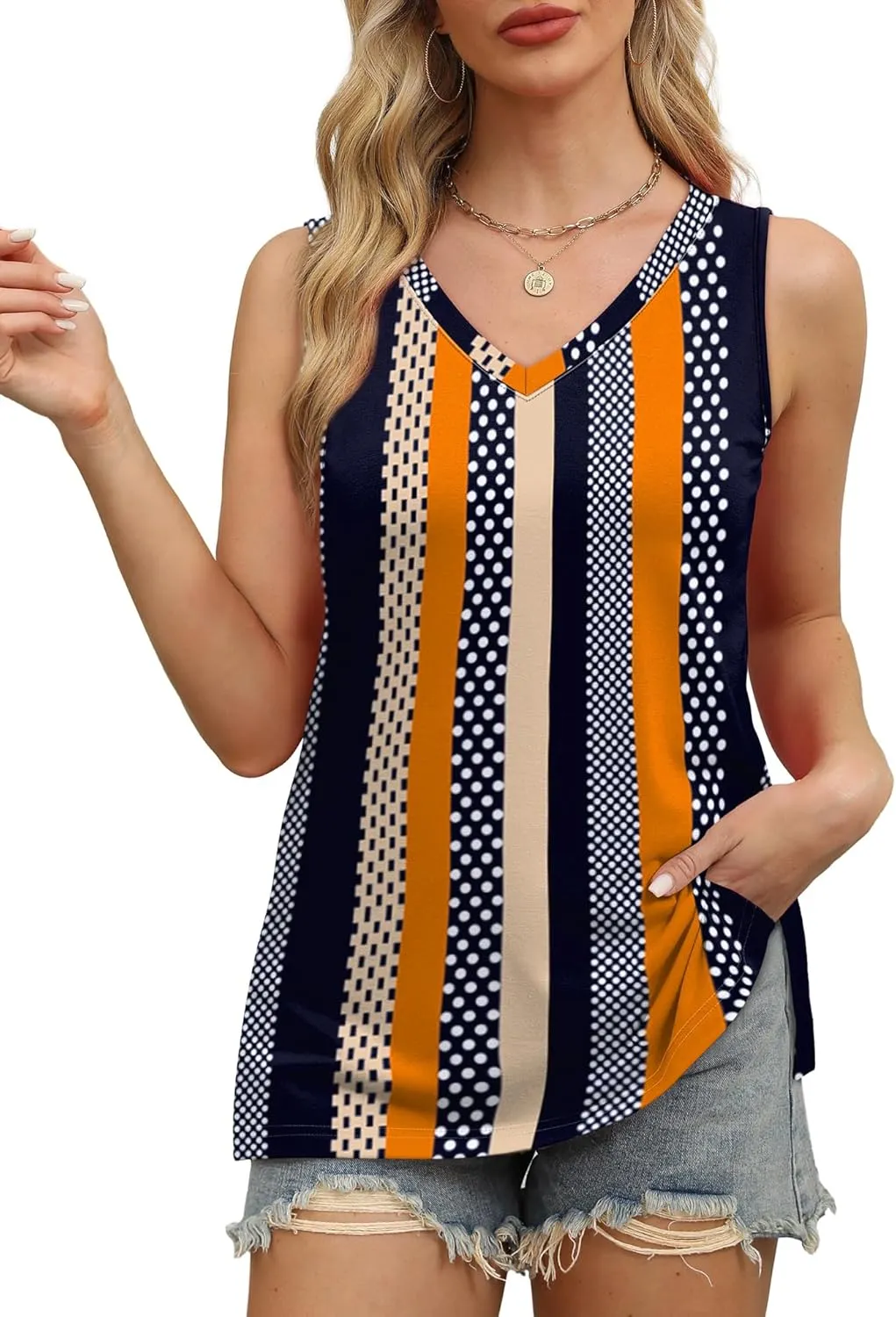 OFEEFAN Womens Tank Tops V Neck Loose Fit Basic Casual Summer Tops Side Split Sleeveless Shirts