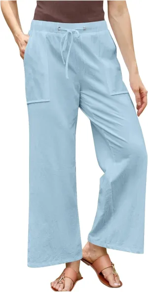 Oplxuo Wide Leg Linen Pants for Women Summer Flowy Palazzo Pants Casual Loose Drawstring High Waist Trousers with Pockets