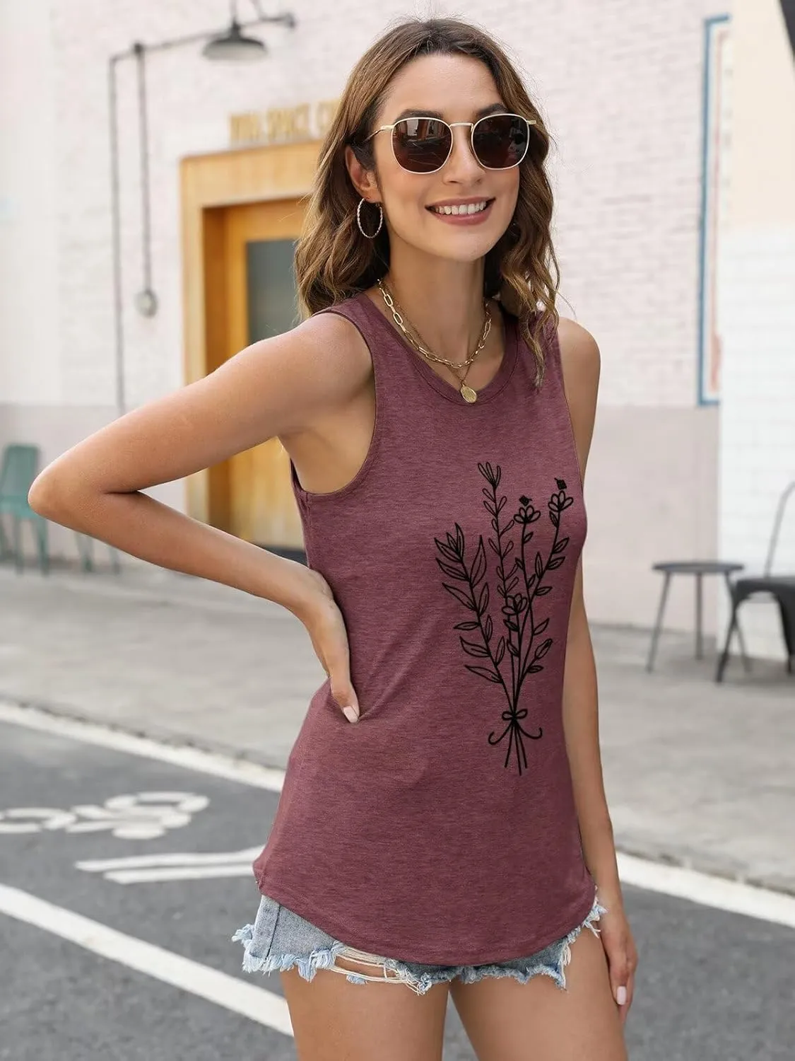 ORANDESIGNE Womens Flower Print Crewneck Tank Tops Graphic Curved Hem Sleeveless Tops Summer Casual Loose Fit Shirts