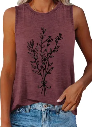 ORANDESIGNE Womens Flower Print Crewneck Tank Tops Graphic Curved Hem Sleeveless Tops Summer Casual Loose Fit Shirts