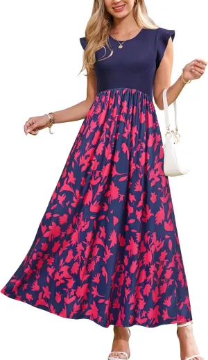 OUGES Women 2025 Spring Summer Dresses Maternity Sleeveless Ribbed Fashion Casual Outfits Maxi Dress with Pockets