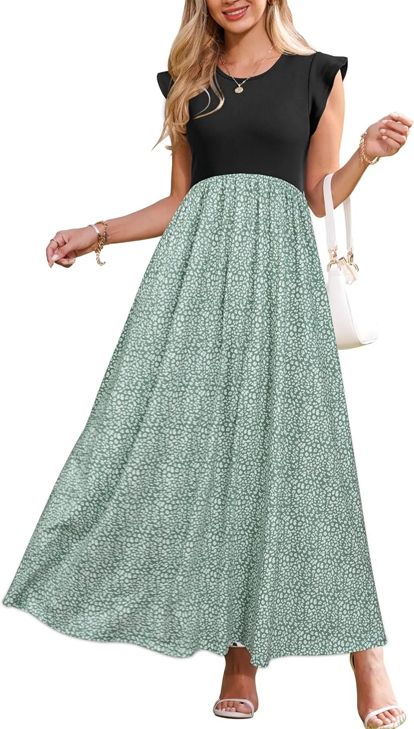 OUGES Women 2025 Spring Summer Dresses Maternity Sleeveless Ribbed Fashion Casual Outfits Maxi Dress with Pockets