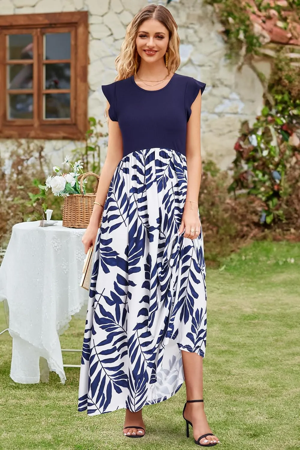 OUGES Women 2025 Spring Summer Dresses Maternity Sleeveless Ribbed Fashion Casual Outfits Maxi Dress with Pockets