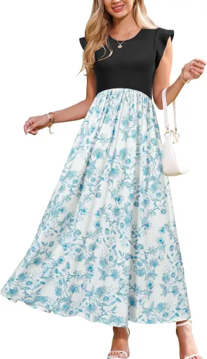 OUGES Women 2025 Spring Summer Dresses Maternity Sleeveless Ribbed Fashion Casual Outfits Maxi Dress with Pockets