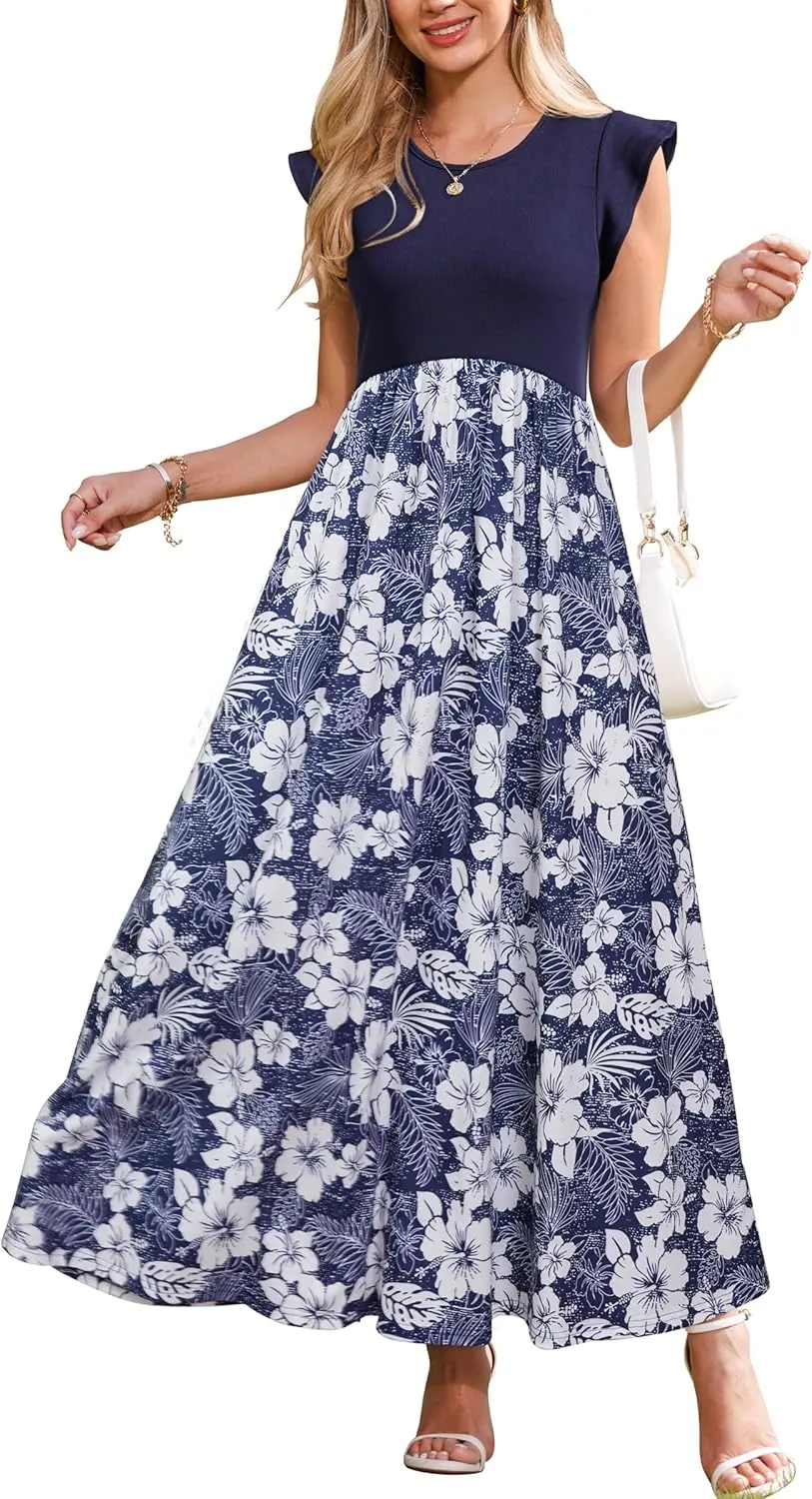 OUGES Women 2025 Spring Summer Dresses Maternity Sleeveless Ribbed Fashion Casual Outfits Maxi Dress with Pockets