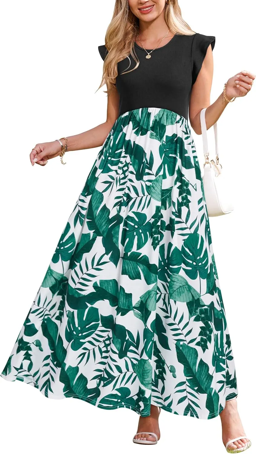 OUGES Women 2025 Spring Summer Dresses Maternity Sleeveless Ribbed Fashion Casual Outfits Maxi Dress with Pockets