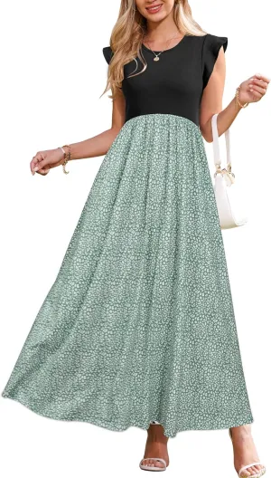 OUGES Women 2025 Spring Summer Dresses Maternity Sleeveless Ribbed Fashion Casual Outfits Maxi Dress with Pockets