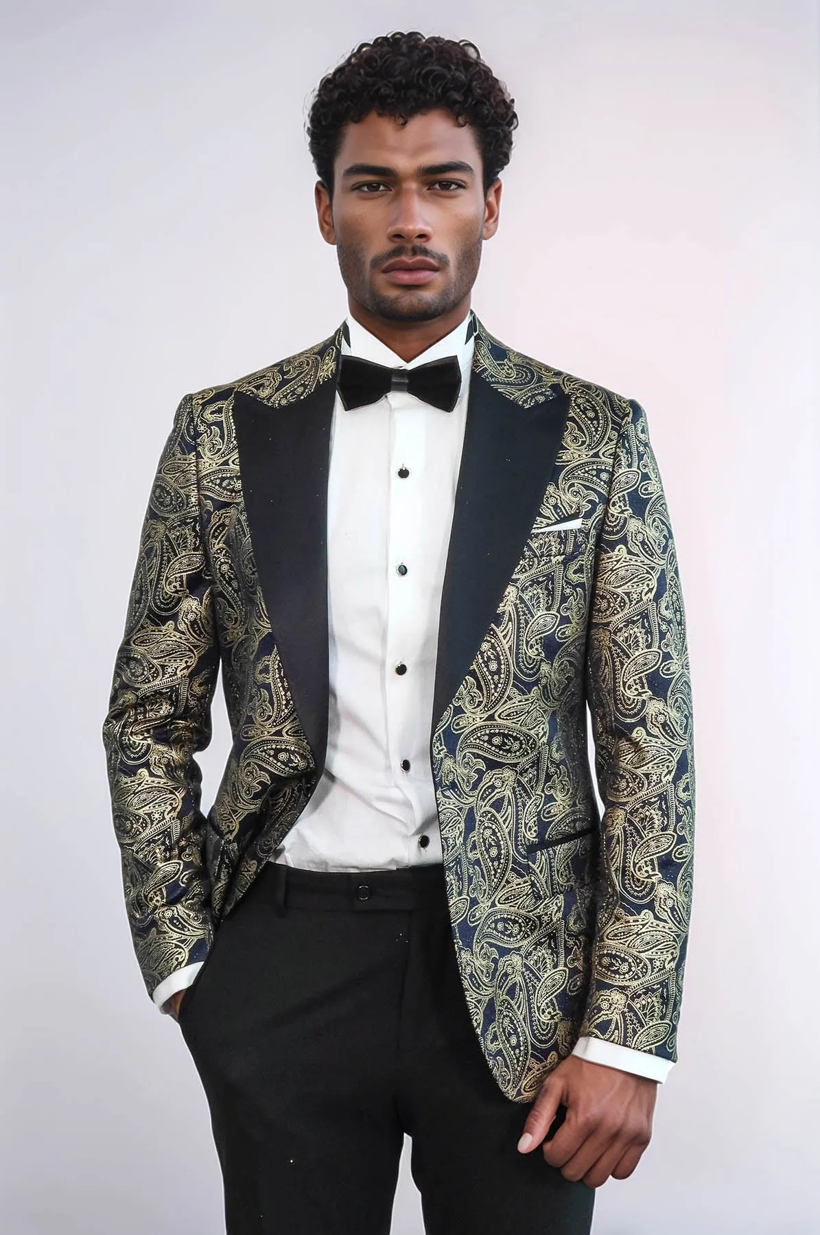 Paisley Peak Lapel Navy Blue Men Party Blazer - Wessi