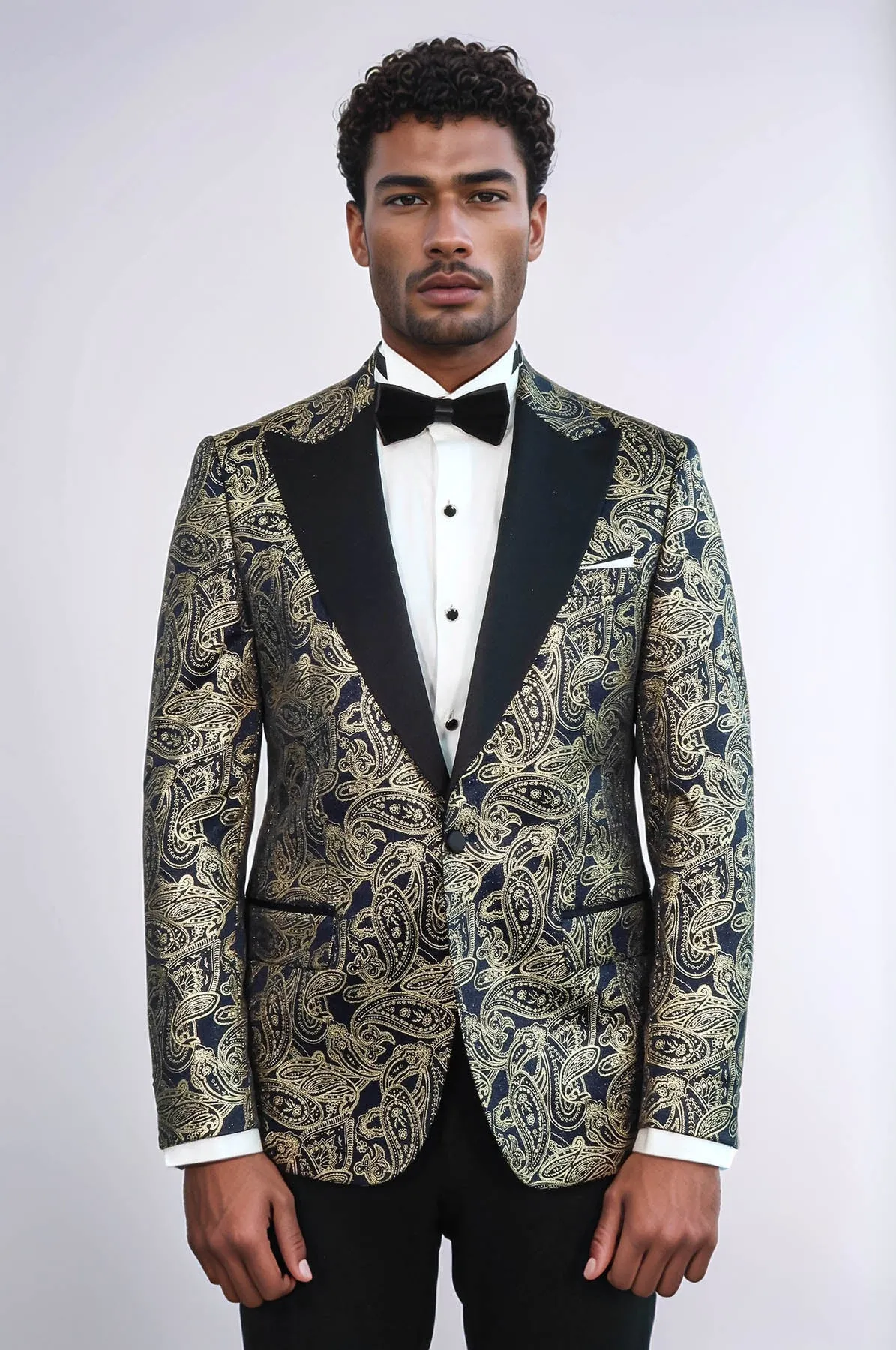 Paisley Peak Lapel Navy Blue Men Party Blazer - Wessi