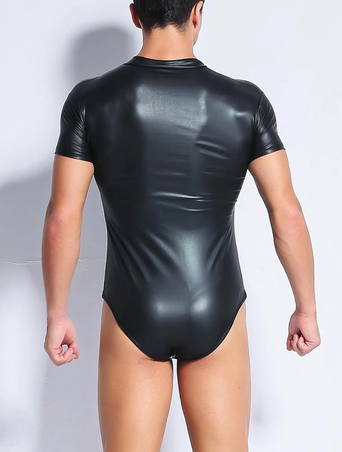 Panegy Men's Faux PU Leather Jumpsuit Shiny Leather Bodysuit Pole Dance Leotard Adult Onesie Singlet