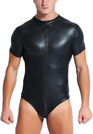 Panegy Men's Faux PU Leather Jumpsuit Shiny Leather Bodysuit Pole Dance Leotard Adult Onesie Singlet