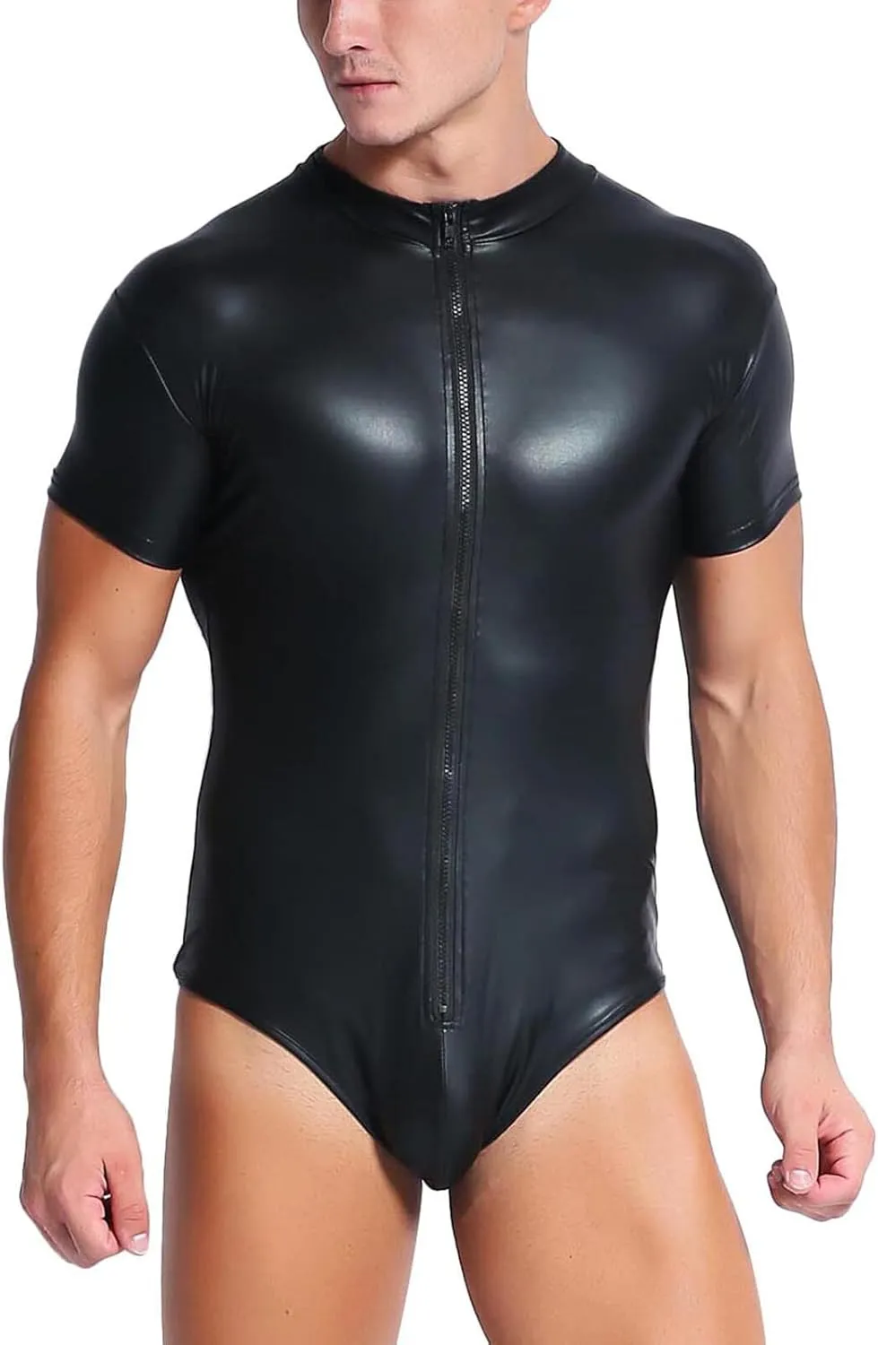 Panegy Men's Faux PU Leather Jumpsuit Shiny Leather Bodysuit Pole Dance Leotard Adult Onesie Singlet