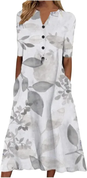 Pleated Loose Swing Midi for Women Flral Print Knee Length Plus Size Dress Crewneck Short Sleeve Wedding Guest Dress