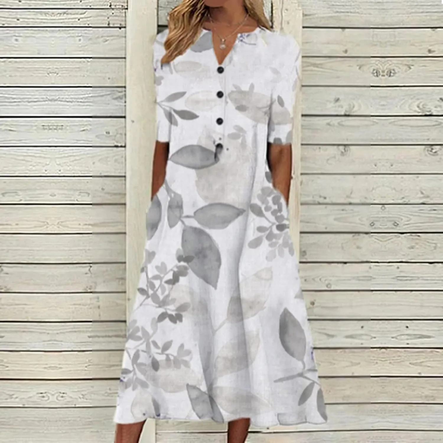 Pleated Loose Swing Midi for Women Flral Print Knee Length Plus Size Dress Crewneck Short Sleeve Wedding Guest Dress