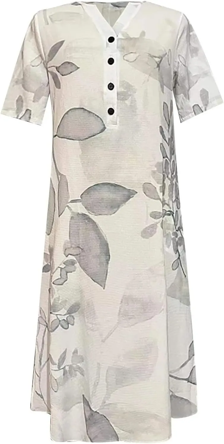 Pleated Loose Swing Midi for Women Flral Print Knee Length Plus Size Dress Crewneck Short Sleeve Wedding Guest Dress