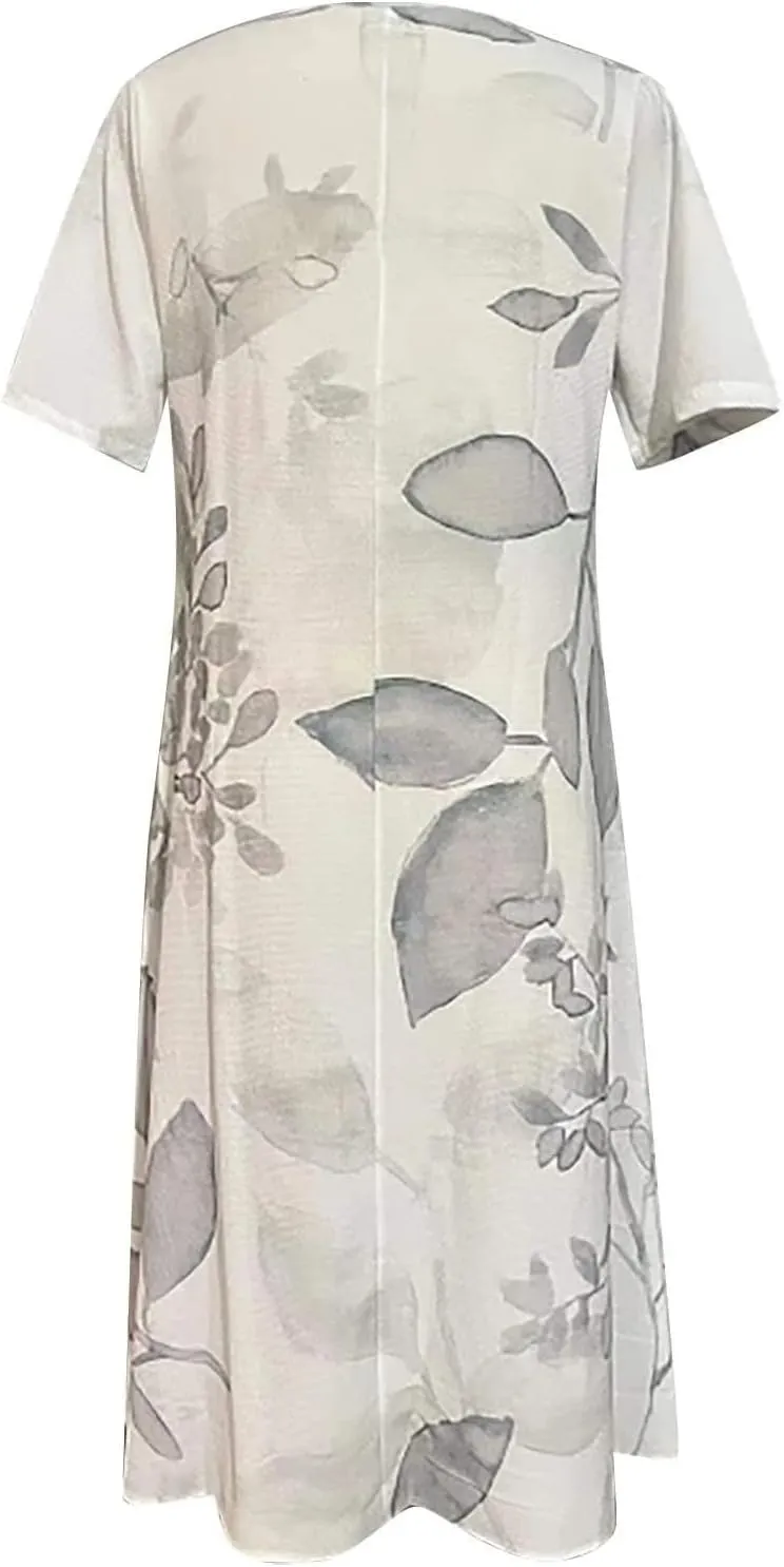 Pleated Loose Swing Midi for Women Flral Print Knee Length Plus Size Dress Crewneck Short Sleeve Wedding Guest Dress