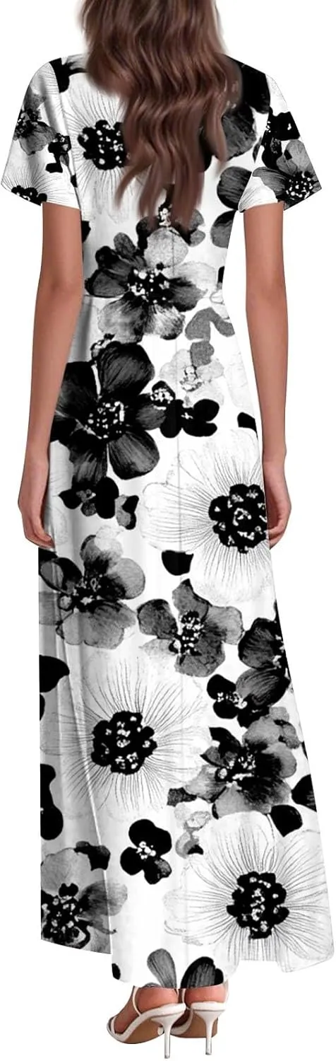 Plus Size Dresses for Curvy Women Casual Loose Trendy Short Sleeve V-Neck Floral Printed Sun Maxi Dress, XS-2XL