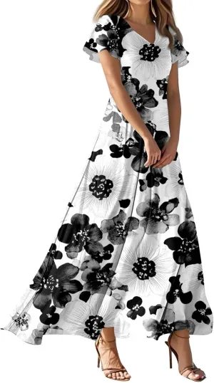 Plus Size Dresses for Curvy Women Casual Loose Trendy Short Sleeve V-Neck Floral Printed Sun Maxi Dress, XS-2XL