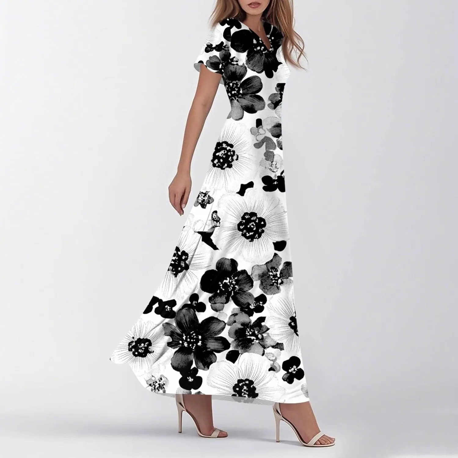 Plus Size Dresses for Curvy Women Casual Loose Trendy Short Sleeve V-Neck Floral Printed Sun Maxi Dress, XS-2XL