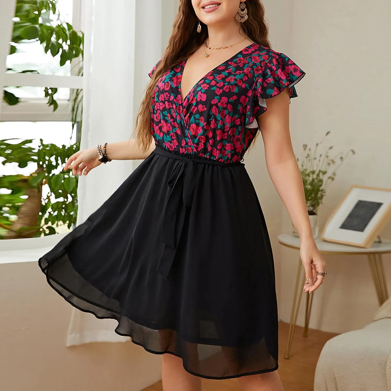 Plus Size Dresses for Curvy Women Short Sleeve Wrap V Neck Tie Waist Short Dress Swing A Line Mini Dress