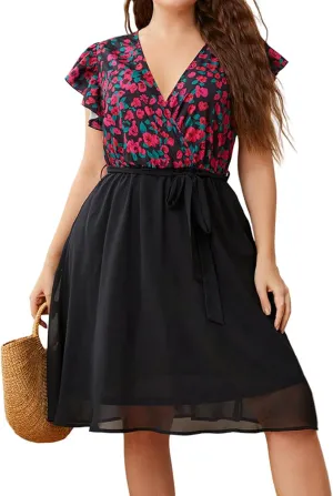 Plus Size Dresses for Curvy Women Short Sleeve Wrap V Neck Tie Waist Short Dress Swing A Line Mini Dress