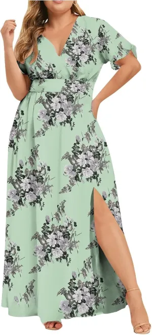 Plus Size Dresses for Curvy Women Wedding Guest Formal Cocktail Maxi V Neck Short Sleeve Split Dress