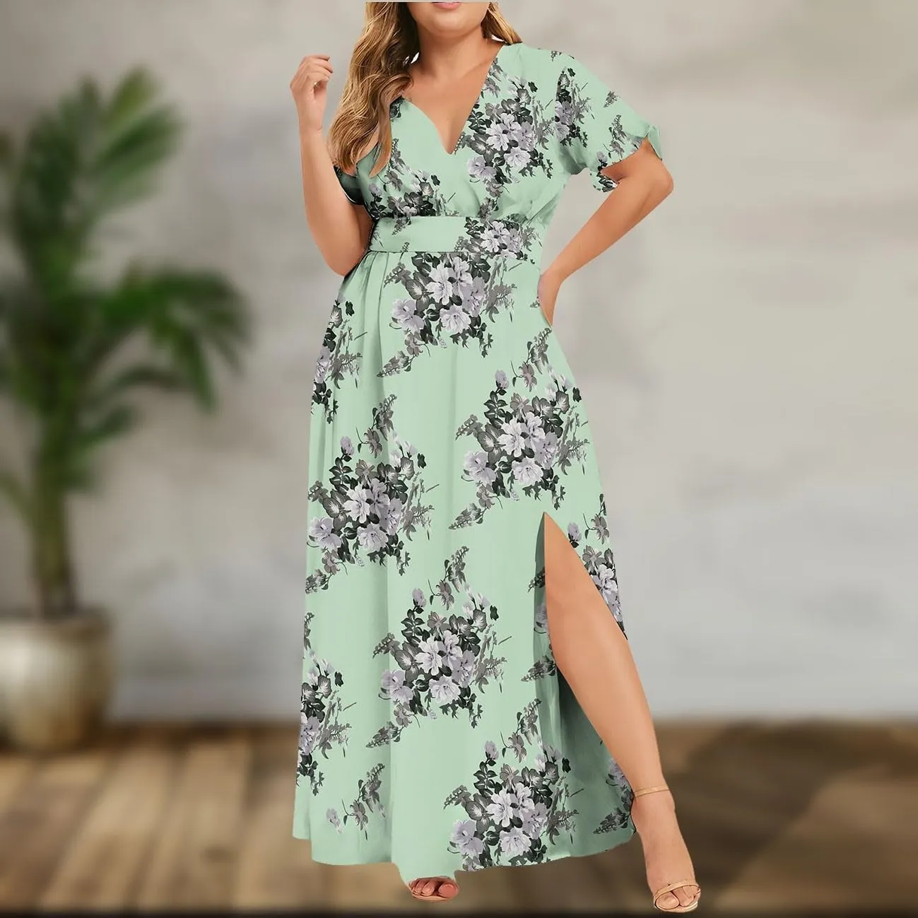 Plus Size Dresses for Curvy Women Wedding Guest Formal Cocktail Maxi V Neck Short Sleeve Split Dress