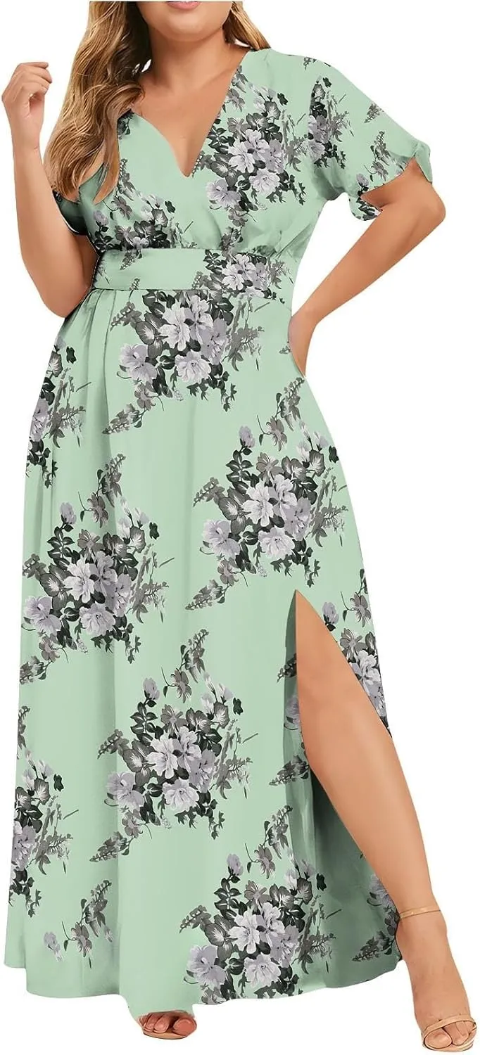 Plus Size Dresses for Curvy Women Wedding Guest Formal Cocktail Maxi V Neck Short Sleeve Split Dress
