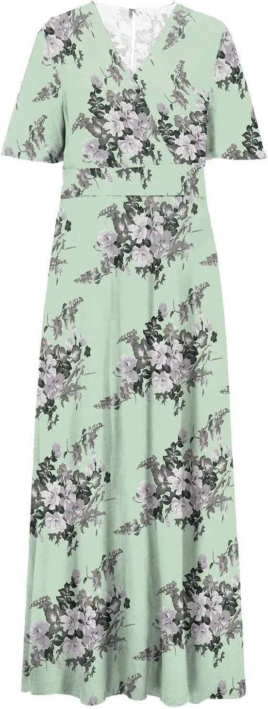 Plus Size Dresses for Curvy Women Wedding Guest Formal Cocktail Maxi V Neck Short Sleeve Split Dress