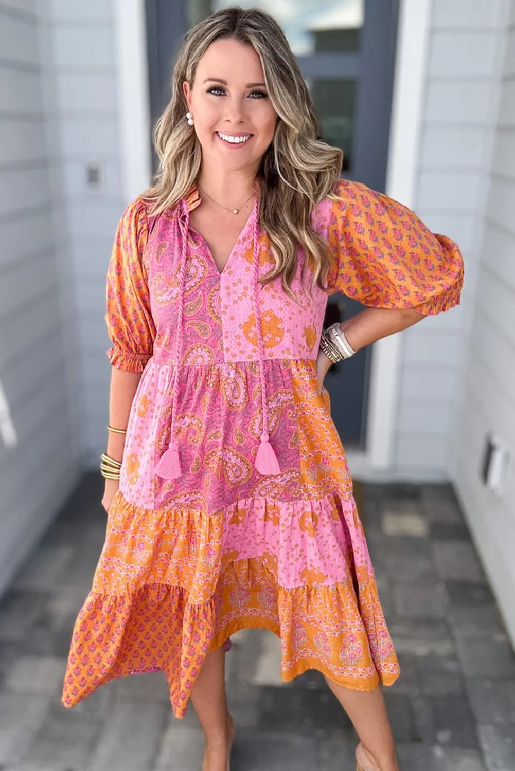 Plus Size Pink Boho Paisley Floral Mixed Patchwork Midi Dress with Tassel Tie