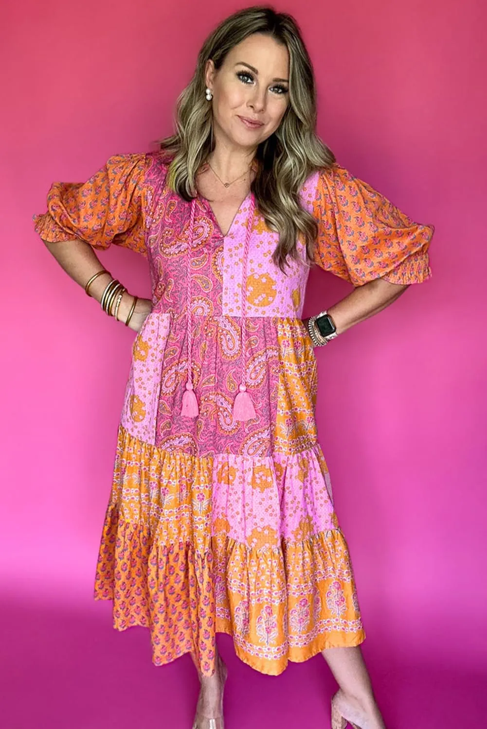 Plus Size Pink Boho Paisley Floral Mixed Patchwork Midi Dress with Tassel Tie