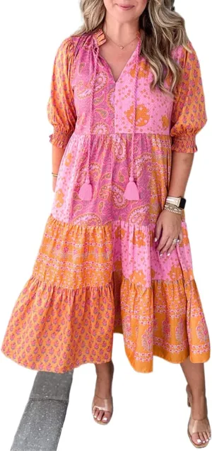 Plus Size Pink Boho Paisley Floral Mixed Patchwork Midi Dress with Tassel Tie