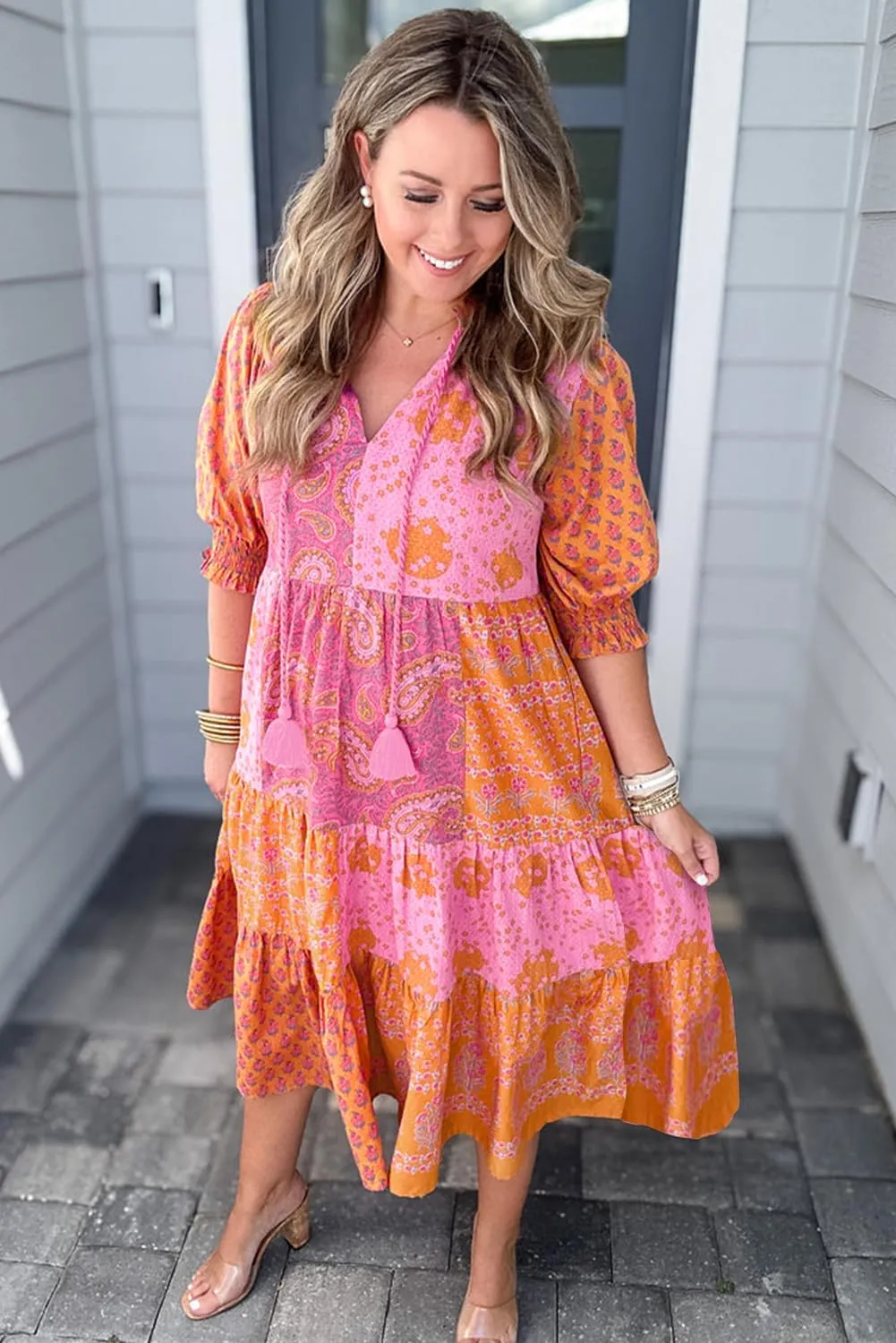 Plus Size Pink Boho Paisley Floral Mixed Patchwork Midi Dress with Tassel Tie