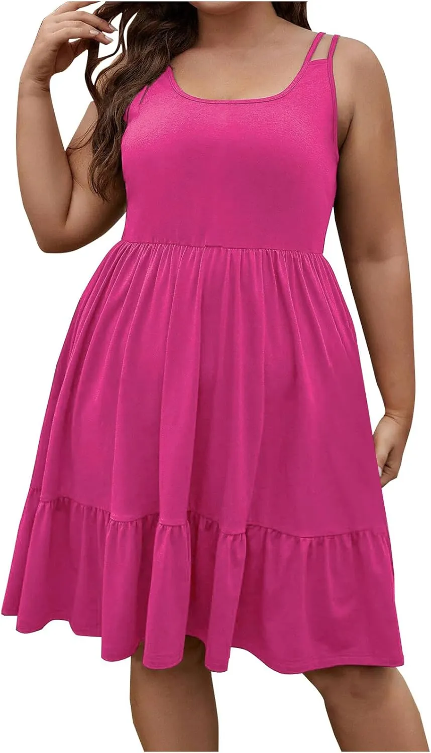 Plus Size Summer Dresses for Women Sleeveless Beach Tank Tiered Dress Casual Flowy A Line Vacation Midi Sundress