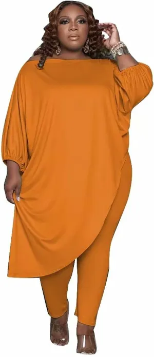 Plus Size Womens 2 Piece Outfits Tracksuits long Sleeve Slant Shoulder Asymmetrica Tops Bodycon Pants Sweatsuit Sets
