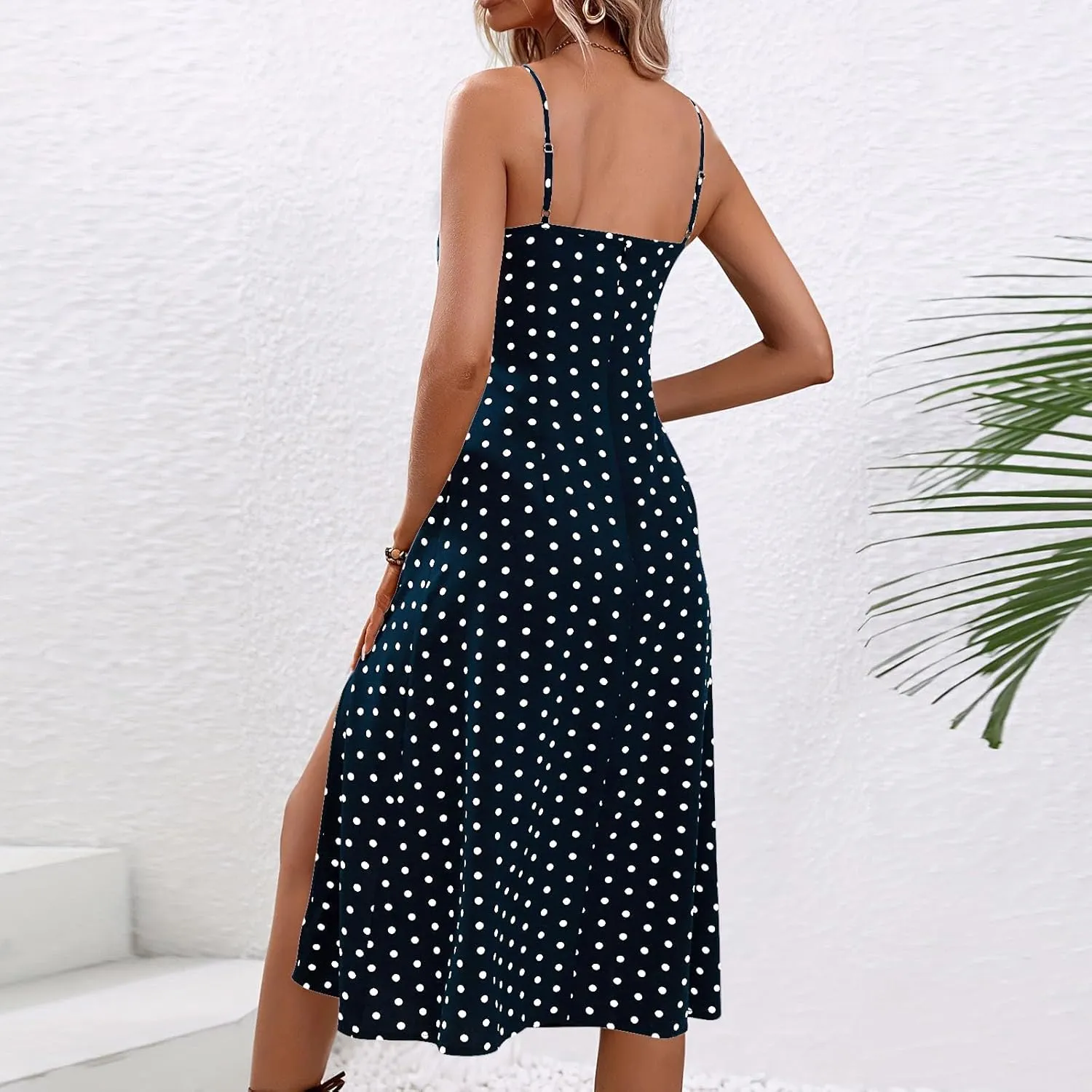 Polka Dot Summer Dresses for Women Sleeveless Ruched High Waist Casual Flowy Side Slit Cami Dress Boho Beach Sundress