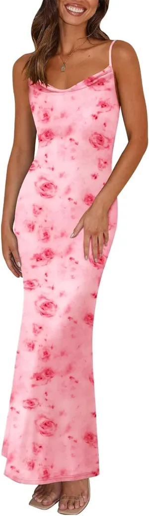 PRETTYGARDEN Women's 2025 Summer Floral Spaghetti Strap Maxi Dress Stretch Sexy Bodycon Dress Backless Slip Long Dresses