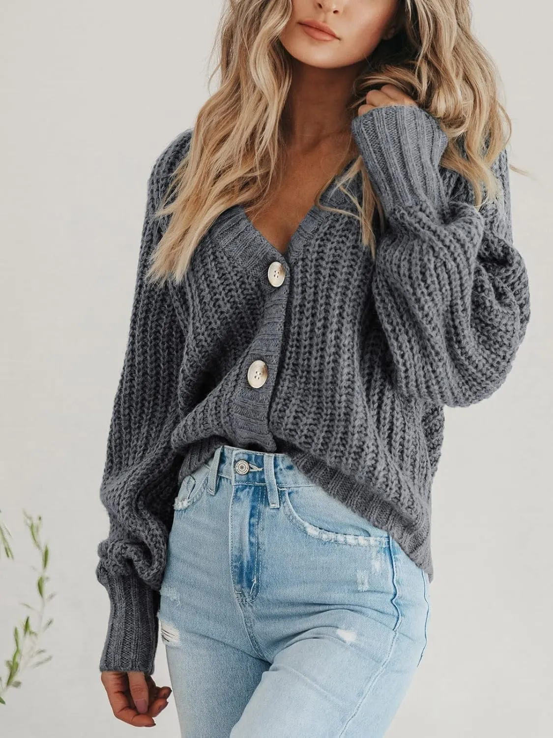 PRETTYGARDEN Women's Chunky Knit Open Front Sweater Long Sleeve Button Loose Short Cardigan Outerwear Coats