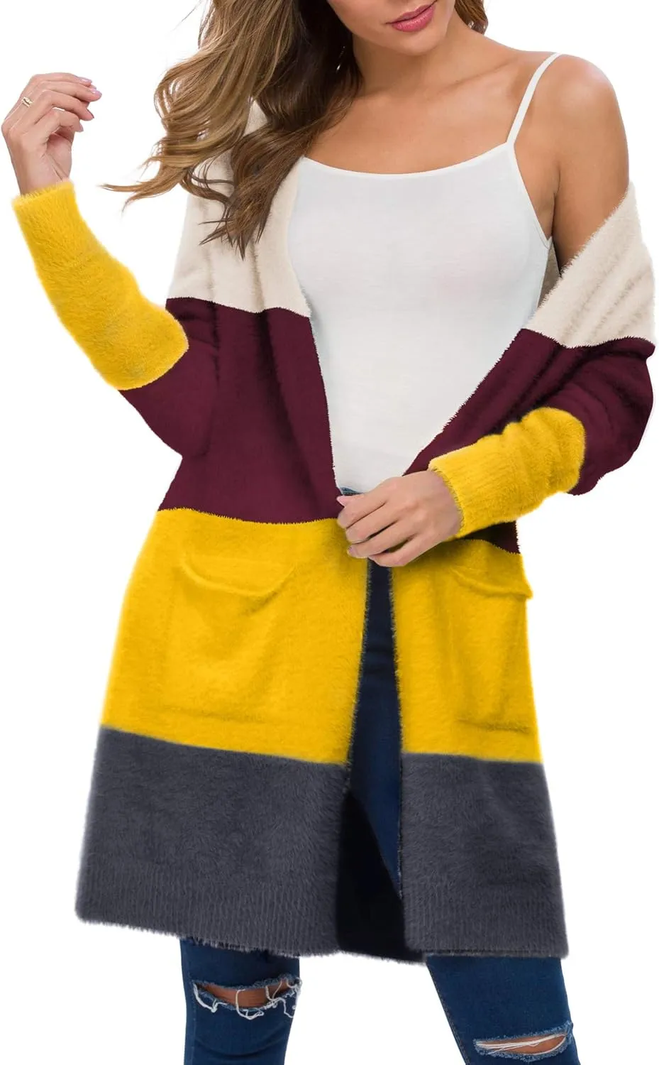 QIXING Women's Casual Open Front Knit Cardigans Long Sleeve Plush Sweater Coat with Pockets